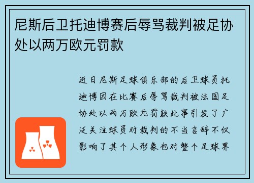 尼斯后卫托迪博赛后辱骂裁判被足协处以两万欧元罚款 尼斯后卫托迪博赛后辱骂裁判被足协处以两万欧元罚款