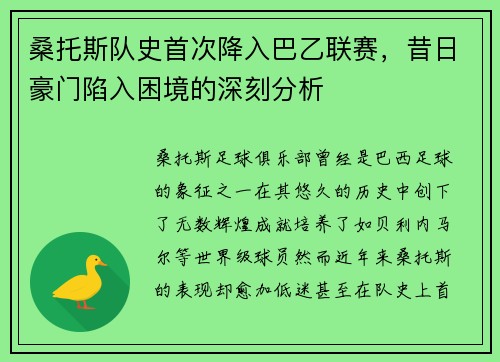 桑托斯队史首次降入巴乙联赛，昔日豪门陷入困境的深刻分析