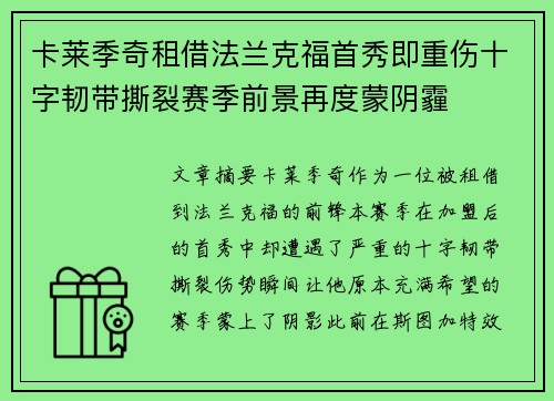 卡莱季奇租借法兰克福首秀即重伤十字韧带撕裂赛季前景再度蒙阴霾