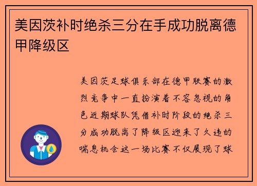 美因茨补时绝杀三分在手成功脱离德甲降级区